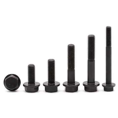 Assorted Flanged M8 Hex Bolts in black oxide finish, showcasing 1.25 x 80mm, partial thread, 10.9 grade alloy steel variety