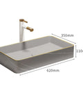 USZWBY Bathroom Vessel Sink Bathroom Vessel Sink Rectangular Ceramic Vanity Sink Above Counter Bathroom Sink for Cabinet, Lavatory, Hotel Art Basin in gray with gold trim.