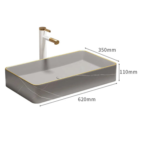 USZWBY Bathroom Vessel Sink Bathroom Vessel Sink Rectangular Ceramic Vanity Sink Above Counter Bathroom Sink for Cabinet, Lavatory, Hotel Art Basin in gray with gold trim.