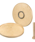 Magnetic Lazy Susan Two Tier Organizer With 24 Magnetic Pegs In Maple Finish, disassembled parts view.