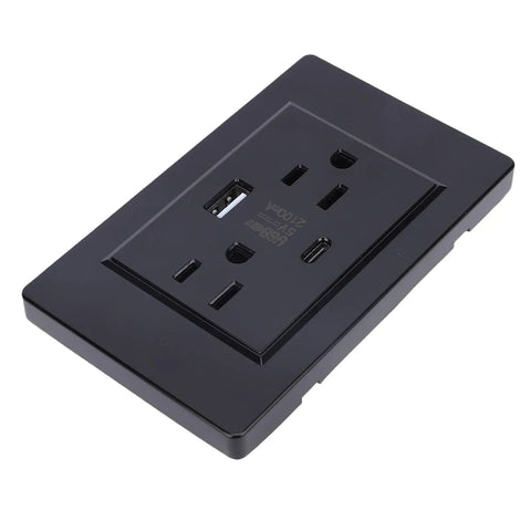 Heavy Duty Wall Outlet With Killer Usb And Type C Charging Ports, 15 Amp Electrical Receptacle in modern black design.