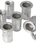 Close-up of 120 Piece Aluminum Rivet Nut Set 1/4-20 UNC Rivnuts Nutserts for auto and home projects, showing threaded anchors.
