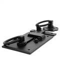Heavy Duty Black Iron Gate Latch With Elegant Floral Base Plate And Weatherproof Coating Tough As Nails Two Sided Door Hardware For Outdoor Fences And Garden Gates, close-up view.