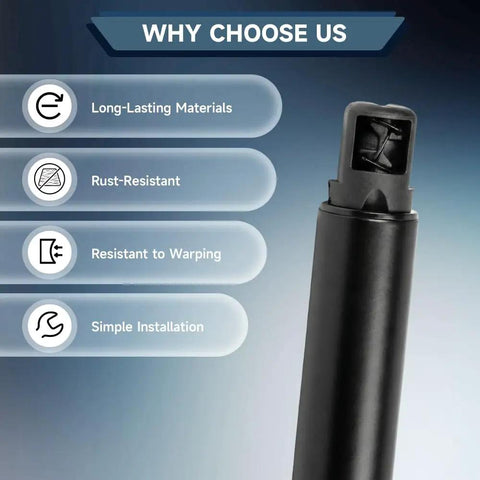 Mercedes-Benz Electric Liftgate Strut features benefits like rust-resistance and simple installation, shown on list background