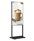 55 Inch 4K Indoor Floor Stand Digital Signage With 1000 Nits Brightness And No Fuss Rolling Base For Quick Retail Setup Android Smart Advertising Display With Wifi Plug Play Flexibility showcasing a latte mug.