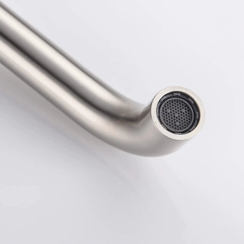 Close-up of the 360 degree rotating nozzle from the Wall Mounted Bathroom Sink Faucet With 360 Degree Rotating Nozzle, Brushed Nickel Finish