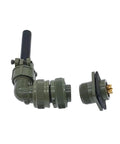 MS3102/MS3106 military circular connector pair, olive-drab; right-angle plug and panel-mount receptacle.