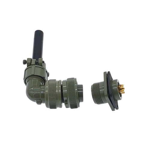 MS3102/MS3106 military circular connector pair, olive-drab; right-angle plug and panel-mount receptacle.