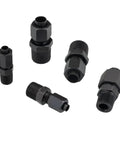 Heavy Carbon Steel Hydraulic Flare Union Push Fitting Oil Line Piece For Garage Quarter Inch Twelve mm Threads Require Tight Seals High Pressure Setup No Leak Issues When Things Get Rough Daily Grind, black threaded fittings on white background