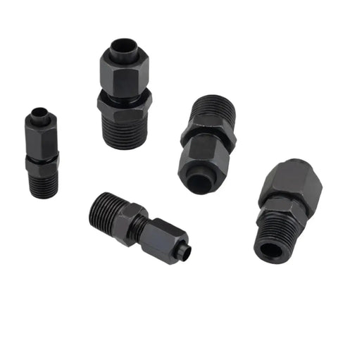 Heavy Carbon Steel Hydraulic Flare Union Push Fitting Oil Line Piece For Garage Quarter Inch Twelve mm Threads Require Tight Seals High Pressure Setup No Leak Issues When Things Get Rough Daily Grind, black threaded fittings on white background