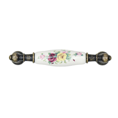 Six Pack Floral Ceramic Cabinet Pulls With Screws, 3.78 Inch Center To Center Hole Distance, flower design handle, antique finish