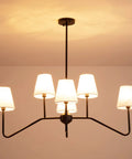 Awesome 39 Inch Matte Black Six Light Kitchen Island Chandelier With Fabric Shade That Brings Soft Warm Glow And Modern Style