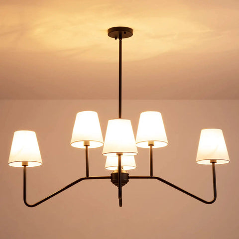 Awesome 39 Inch Matte Black Six Light Kitchen Island Chandelier With Fabric Shade That Brings Soft Warm Glow And Modern Style