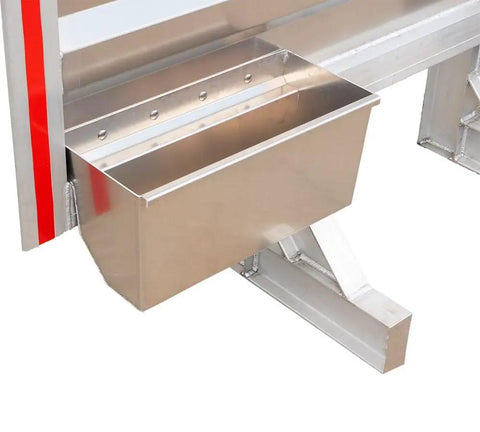 Built To Spec Aluminum Headache Rack And Logger Toolbox Kit For Big Rigs Featuring Dimpled Mirror Finish Flatbed Cargo Setup, Chain Hangers And Secure Handle Locks showing aluminum storage tray detail.