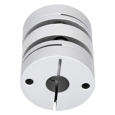 Front view of aluminum alloy shaft coupling adapter with stepped discs and central bore with keyway slot