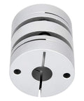 Aluminum alloy shaft coupling adapter; silver cylindrical front face with keyway and two mounting holes