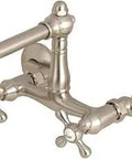 English Country 6 Inch Adjustable Center Wall Mount Kitchen Faucet in brushed nickel, solid brass and zinc alloy, vintage farmhouse design