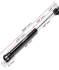 Two Pack Lift Support Gas Strut With Soft Close Hinges 150N 33Lb Lid Stay for toy boxes, matte black, shown with measurements