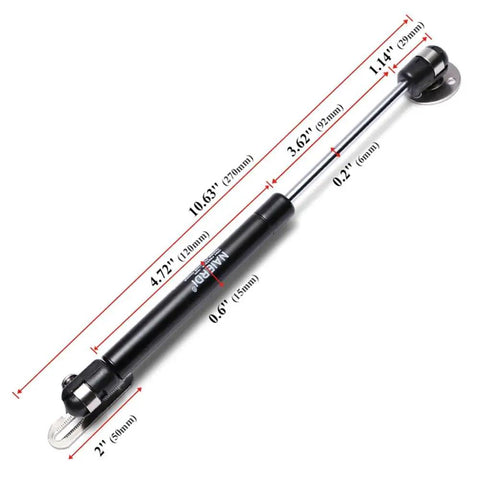 Two Pack Lift Support Gas Strut With Soft Close Hinges 150N 33Lb Lid Stay for toy boxes, matte black, shown with measurements