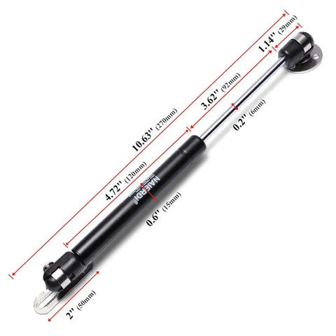 Built Tough Gas Springs And Smooth Close Hinges For Overhead Cabinets And Toy Chests, 22 Pound Lift Struts with dimensions labeled