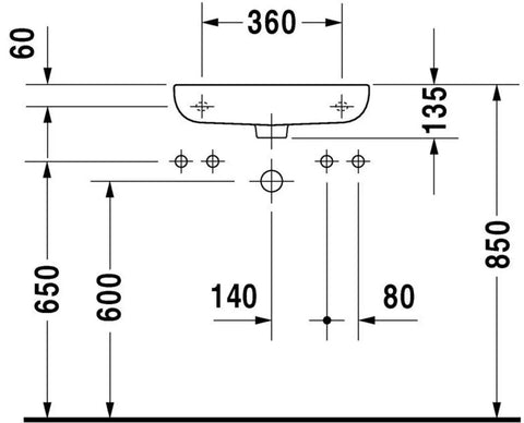 Technical diagram of D Code Hand Rinse Basin With Overflow, Rectangular Deck Mounted Sink With Rear Drain And Left Side Faucet Hole