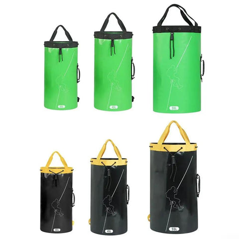 All In One Climbing Rope Bag 30L 45L 55L Waterproof PVC Coated Polyester Drawstring Backpack in green and black colors