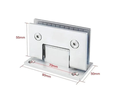 Two Pack 90 Degree Frameless Glass Door Hinges in Stainless Steel 304, 50x55x90mm dimensions for bathroom and kitchen cabinets.