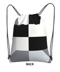 Back view of Black And White Piano Key Grid Print Drawstring Gym Bag For Men And Women, 18 x 15.3 inches, waterproof material.