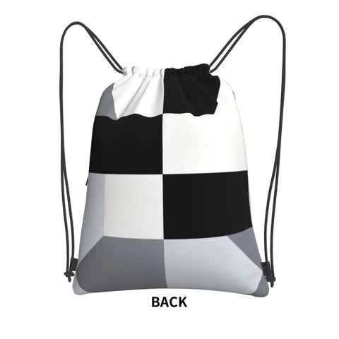 Back view of Black And White Piano Key Grid Print Drawstring Gym Bag For Men And Women, 18 x 15.3 inches, waterproof material.