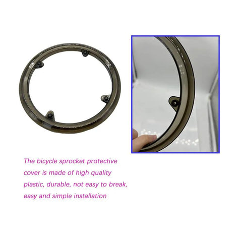 Three Piece Black Bike Chain Guards Set For Road And Mountain Bikes Durable Plastic Sprocket Protector Cover Chainwheel Guard Kit Fits Most Cranks With Four Screw Mounts, close-up view of one black guard with mounting holes.
