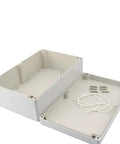 Open IP65 Dustproof Waterproof ABS Junction Box Enclosure For DIY Electronics, 230mm by 150mm by 85mm, showing interior with accessories.