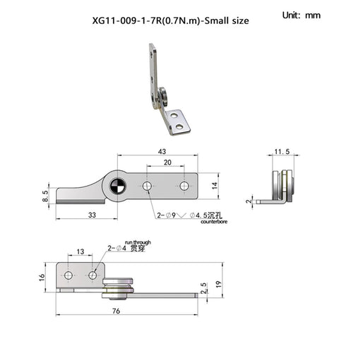 3D view of stainless steel L-shaped torque hinge with damping, 0.7 N·m, 1 pc
