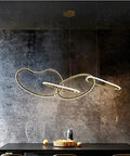Statement Piece Stainless Steel LED Pendant Chandelier With Gold Ring Accents Adjustable Hanging Lamp For Dining Rooms, unique modern design, elegant gold rings.
