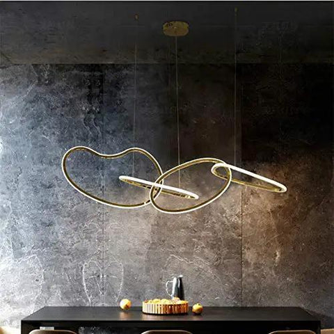 Statement Piece Stainless Steel LED Pendant Chandelier With Gold Ring Accents Adjustable Hanging Lamp For Dining Rooms, unique modern design, elegant gold rings.
