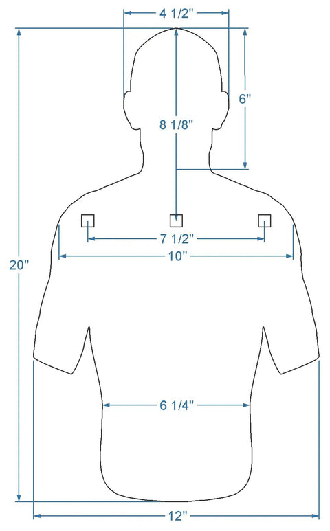 Diagram of AR500 Combatant Silhouette Steel Target 12 by 20 Inch with Three Half Inch Holes for Stand or Gong Mounting.