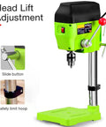 Piefeak Electric Bench Drill Press Stand With 480W Motor For Mini Drilling Machine displaying head lift adjustment features.