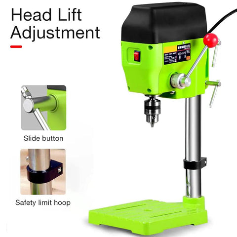 Piefeak Electric Bench Drill Press Stand With 480W Motor For Mini Drilling Machine displaying head lift adjustment features.