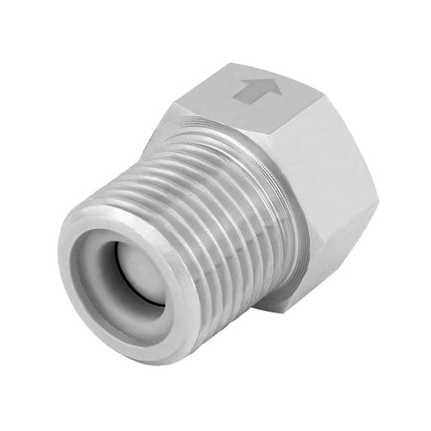 Angled side view of stainless steel check valve with 1/2 in male to 1/2 in female threaded, non-return