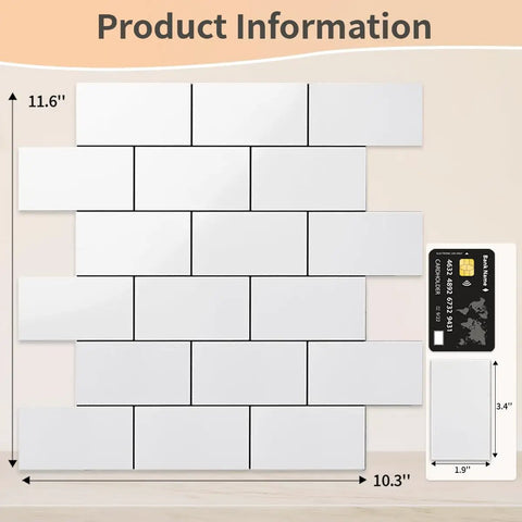 Product dimensions of Polished White Peel and Stick Backsplash Tiles Set, 10 Sheets 12x12 PVC Ceramic Look Subway Tile, shown with credit card for scale.