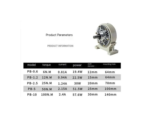 Diagram showing specifications of Base-Mounted Single Shaft Magnetic Powder Brake PB-5 With 50 Nm Torque alongside product image.