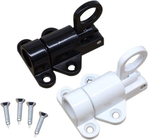 Heavy Duty Aluminum Sliding Door Spring Loaded Barrel Bolt Lock in black and white with screws for secure entryways.