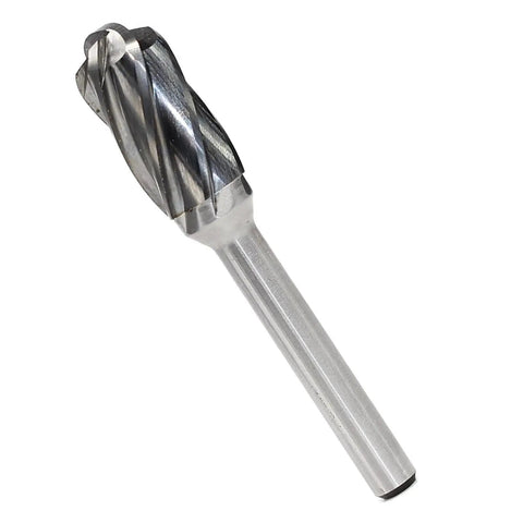 Five Piece Heavy Duty Carbide Rotary Burr File Set With One Quarter Inch Shank For Die Grinder Drill, detailed close-up of carbide burr tool.