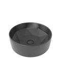 Dope Matte Black Round Vessel Sink 16 Inch Porcelain Over The Counter Bathroom Basin With Enamel Glaze Finish Smooth Non Porous Surface Stain Resistant Durable Contemporary Design, top view, geometric interior.