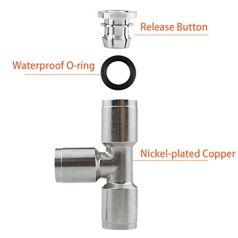 Push To Connect 1/4 Inch Tube 3 Way Tee Pneumatic Fittings Nickel Plated Copper Quick Connector parts labeled