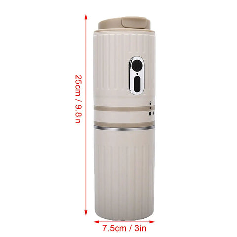 Kickstart Mornings On The Go With This Portable Electric Coffee Maker And Compact Travel Cup For Fresh Java Anywhere, beige coffee grinder and brewer.