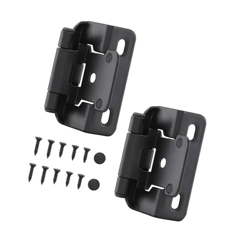 Two Pack Antique Steel Cabinet Hinges For Kitchen Cabinets With One Half Inch Overlay And Partial Wrap Half Hide Design Durable Steel Hardware For Vintage Look Easy Install For Cabinets And Furniture, shown in black finish, with screws.