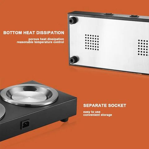 Heavy Duty Commercial Coffee Maker With Double Hot Plate Pot Warmer, showcasing bottom heat dissipation and separate socket design.