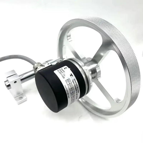 500 Mm Wheel Perimeter Length Measuring Counter Rotary Encoder With Auto Reset And Power Off Memory Relay Output For Device Control image showing rotary encoder and silver wheel.