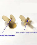 32mm Brass Three Blade Left Hand Propeller For RC Sailboats With M3 Shaft Hole, showing rear and side views of 6mm hub.