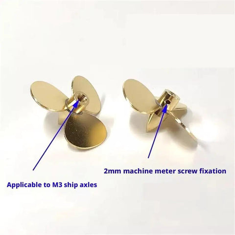 32mm Brass Three Blade Left Hand Propeller For RC Sailboats With M3 Shaft Hole, showing rear and side views of 6mm hub.